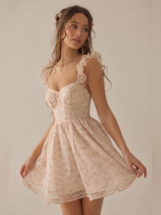 Kestan Dresses & Skirts - Kestan Floral Babydoll Mini Dress L Sheer Ruffle Straps Cottagecore Coquette